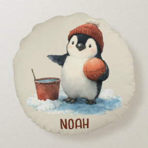 Personalized Winter Penguin Basketball Kid Round Pillow