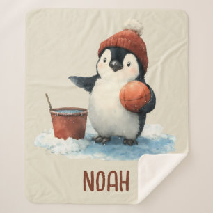 Personalized Winter Penguin Basketball Kid Sherpa Blanket