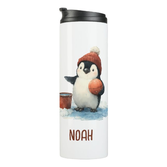Personalized Winter Penguin Basketball Kid Thermal Tumbler (Rotated Right)