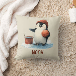 Personalized Winter Penguin Basketball Kid Throw Pillow