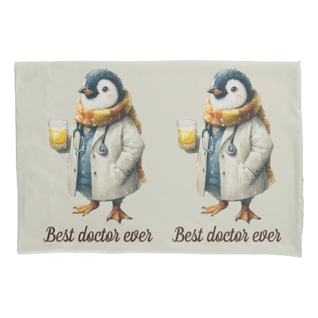 Personalized Winter Penguin “Best Doctor Ever” Pillowcase (Front)