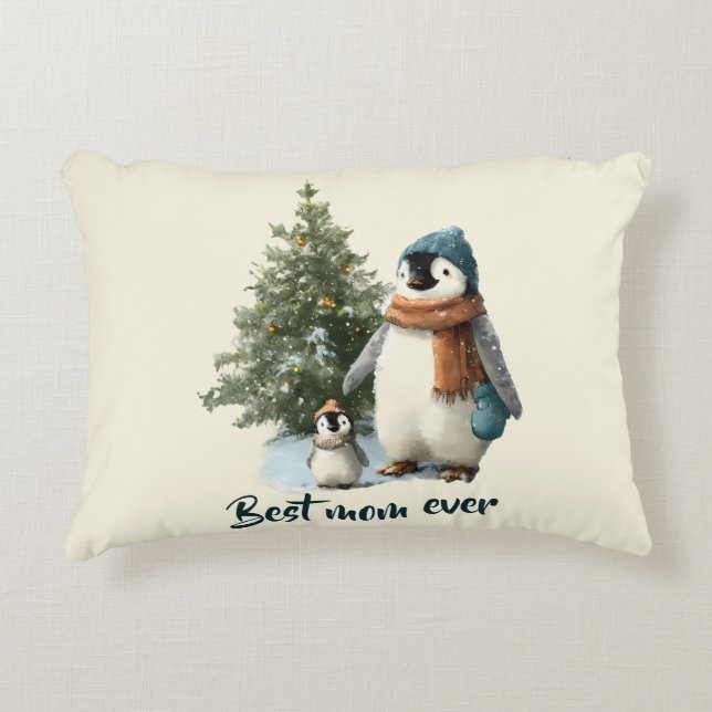 Personalized Winter Penguin “Best Mom Ever” Accent Pillow (Front)