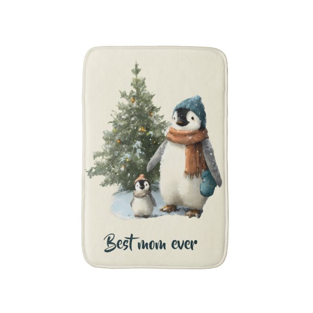Personalized Winter Penguin “Best Mom Ever” Bath Mat (Front Vertical)