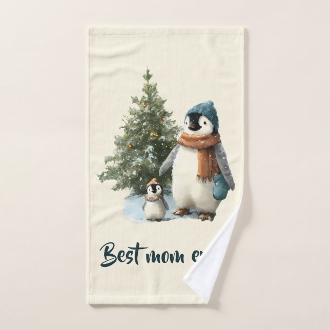 Personalized Winter Penguin “Best Mom Ever” Bath Towel Set (Hand Towel)