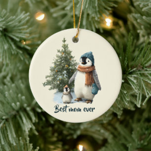 Personalized Winter Penguin “Best Mom Ever” Ceramic Ornament