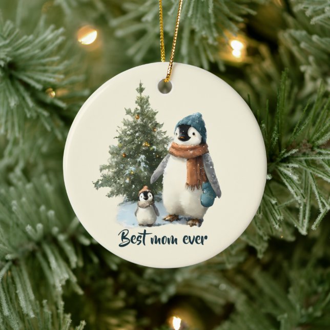 Personalized Winter Penguin “Best Mom Ever” Ceramic Ornament (Tree)