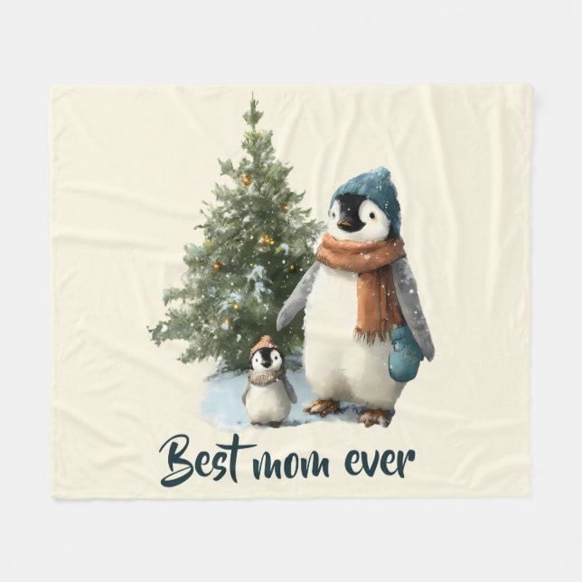 Personalized Winter Penguin “Best Mom Ever” Fleece Blanket (Front (Horizontal))