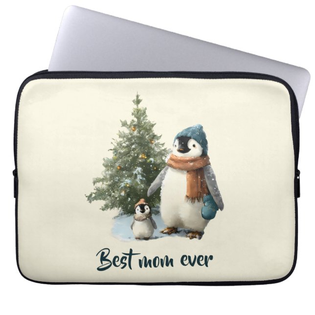 Personalized Winter Penguin “Best Mom Ever” Laptop Sleeve (Front)