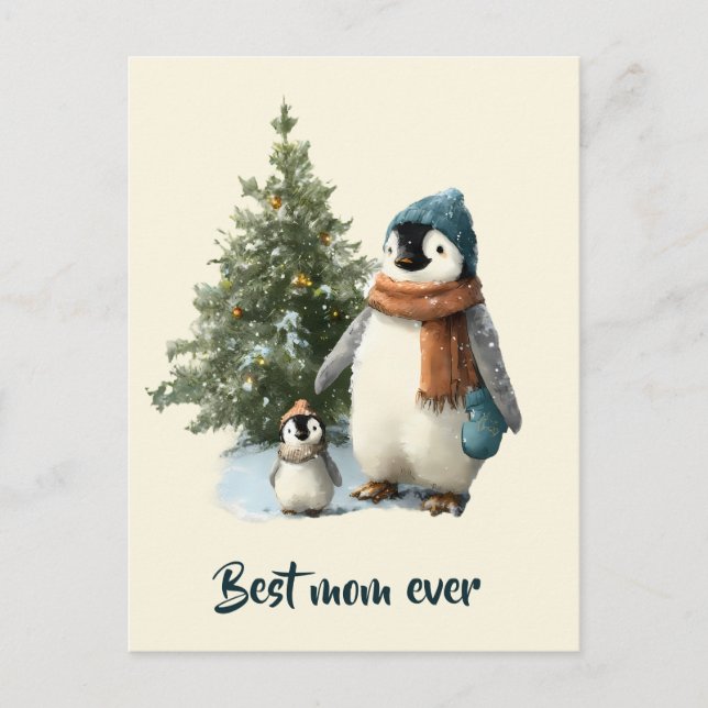 Personalized Winter Penguin “Best Mom Ever” Postcard (Front)