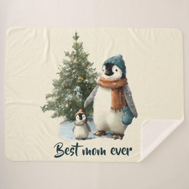 Personalized Winter Penguin “Best Mom Ever” Sherpa Blanket (Front (Horizontal))