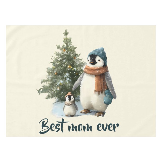 Personalized Winter Penguin “Best Mom Ever” Tablecloth (Front (Horizontal))