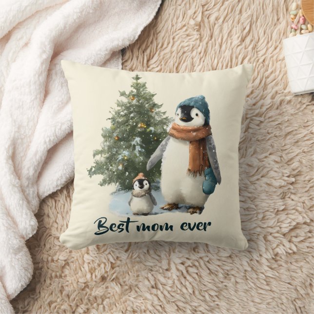 Personalized Winter Penguin “Best Mom Ever” Throw Pillow (Blanket)