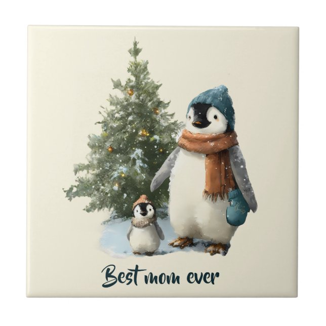 Personalized Winter Penguin “Best Mom Ever” Tile (Front)