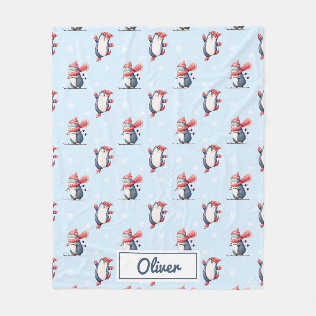 Personalized Winter Penguin Boys Fleece Blanket (Front)