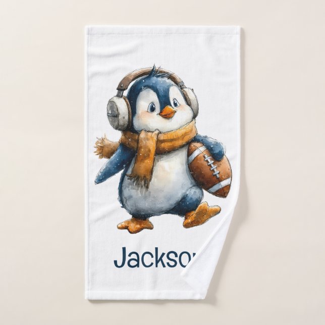 Personalized Winter Penguin Football Kid (Serviette à main)