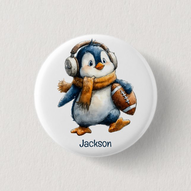 Personalized Winter Penguin Football Kid 1 Inch Round Button (Front)