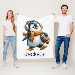 Personalized Winter Penguin Football Kid Fleece Blanket
