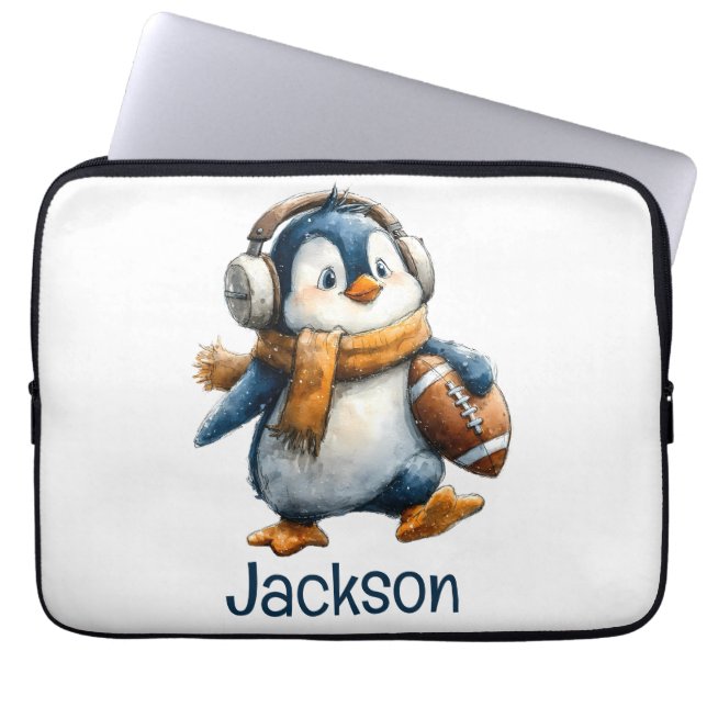 Personalized Winter Penguin Football Kid Laptop Sleeve (Front)