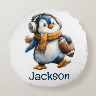 Personalized Winter Penguin Football Kid Round Pillow