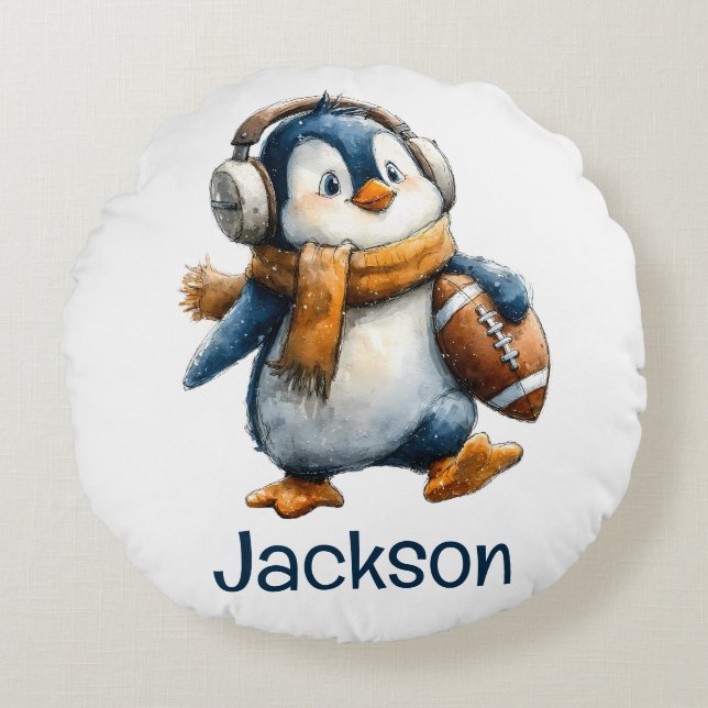 Personalized Winter Penguin Football Kid Round Pillow (Front)