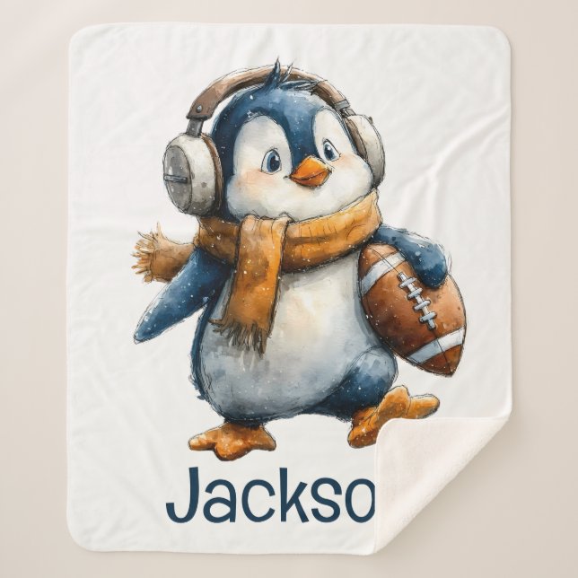 Personalized Winter Penguin Football Kid Sherpa Blanket (Front)