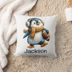 Personalized Winter Penguin Football Kid Throw Pillow