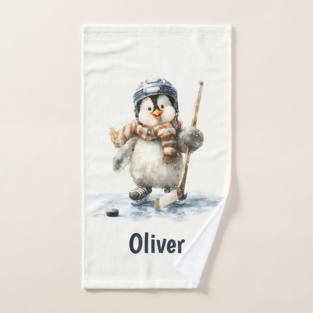 Personalized Winter Penguin Hockey Kid (Serviette à main)