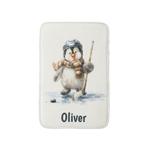 Personalized Winter Penguin Hockey Kid Bath Mat