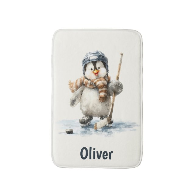 Personalized Winter Penguin Hockey Kid Bath Mat (Front Vertical)