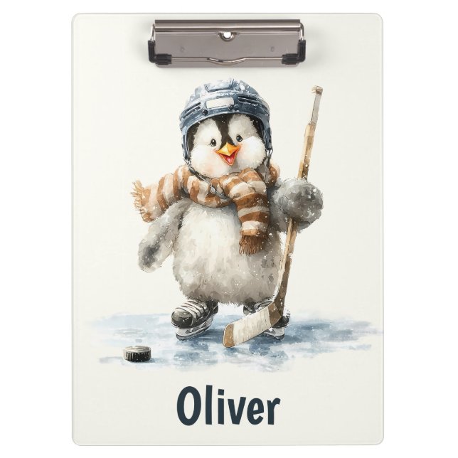 Personalized Winter Penguin Hockey Kid Clipboard (Front)