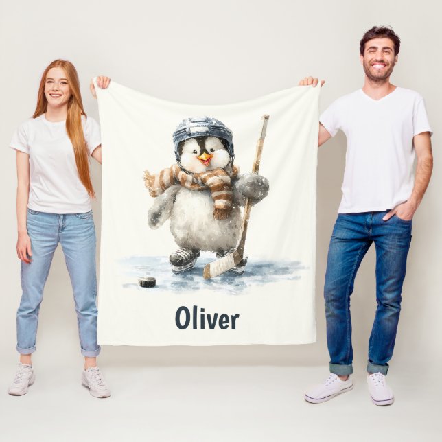 Personalized Winter Penguin Hockey Kid Fleece Blanket (In Situ)