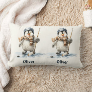 Personalized Winter Penguin Hockey Kid Lumbar Pillow