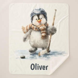 Personalized Winter Penguin Hockey Kid Sherpa Blanket