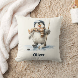 Personalized Winter Penguin Hockey Kid Throw Pillow