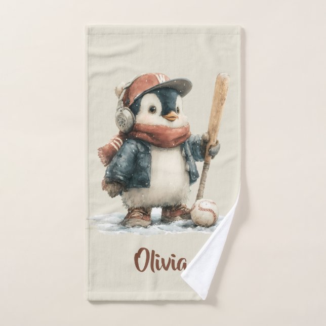 Personalized Winter Penguin Softball Kid (Serviette à main)