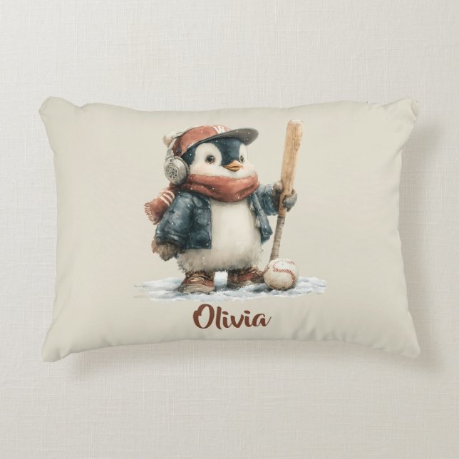 Personalized Winter Penguin Softball Kid Accent Pillow (Front)