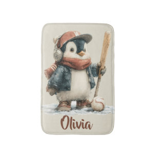 Personalized Winter Penguin Softball Kid Bath Mat
