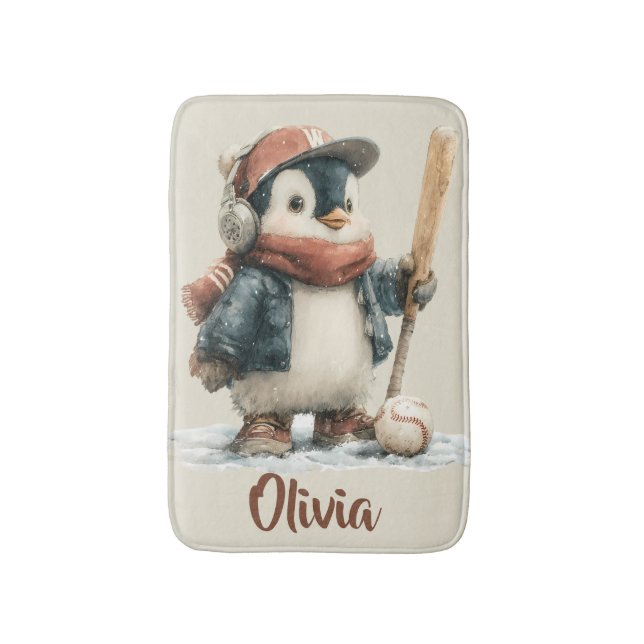 Personalized Winter Penguin Softball Kid Bath Mat (Front Vertical)