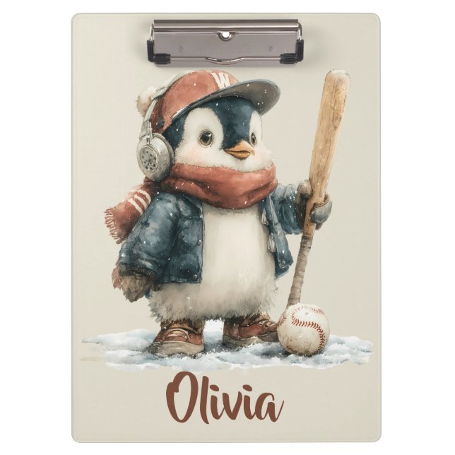Personalized Winter Penguin Softball Kid Clipboard (Front)