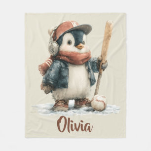 Personalized Winter Penguin Softball Kid Fleece Blanket