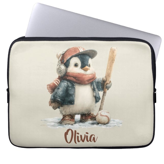 Personalized Winter Penguin Softball Kid Laptop Sleeve (Front)