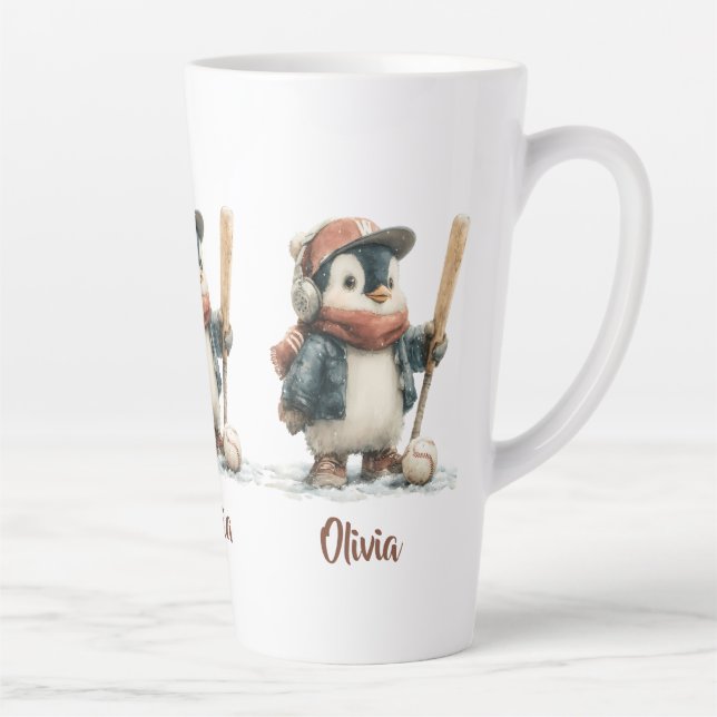 Personalized Winter Penguin Softball Kid Latte Mug (Right)