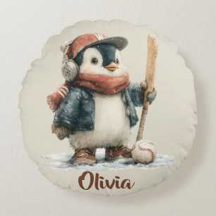 Personalized Winter Penguin Softball Kid Round Pillow