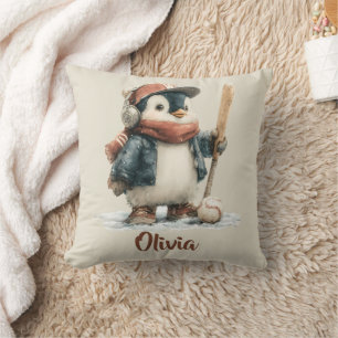 Personalized Winter Penguin Softball Kid Throw Pillow
