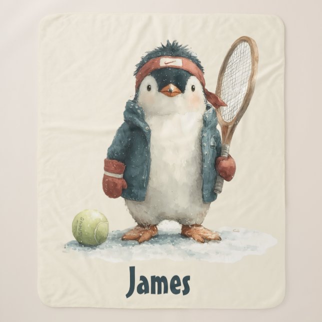 Personalized Winter Penguin Tennis Kid Sherpa Blanket (Front)