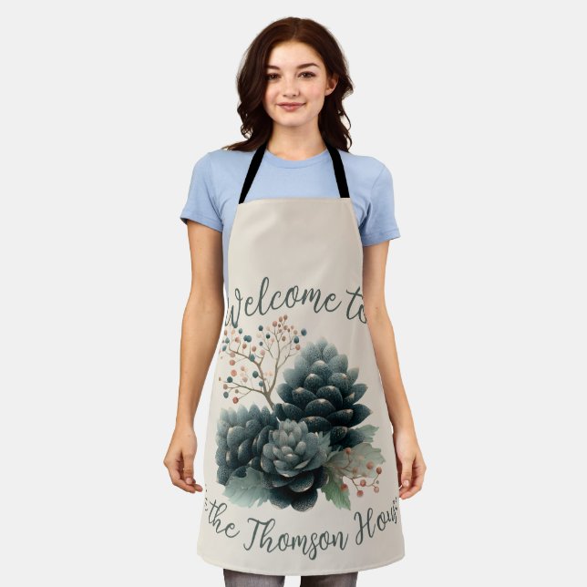 Personalized Winter Pinecone Family Design Apron (Worn)