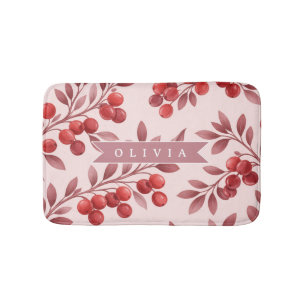 Personalized Winter Red Berry Botanical Cottage Bath Mat