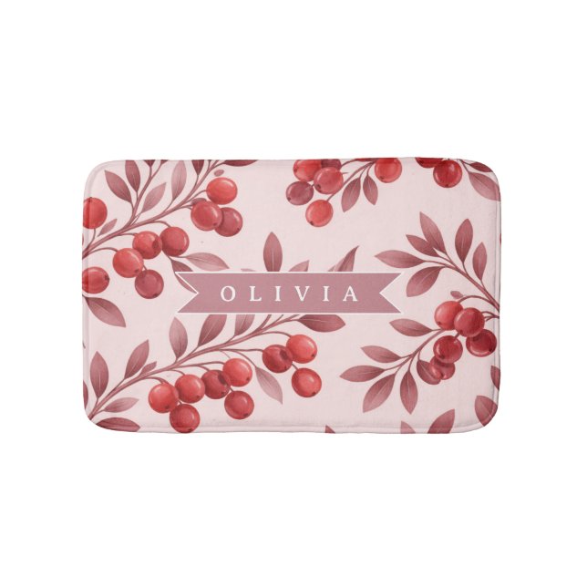Personalized Winter Red Berry Botanical Cottage Bath Mat (Front)