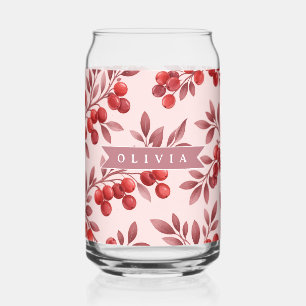 Personalized Winter Red Berry Botanical Cottage Can Glass