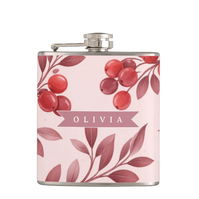 Personalized Winter Red Berry Botanical Cottage Hip Flask (Front)